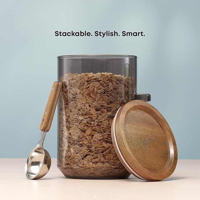 JoyJolt Holden 32oz Stackable Glass Storage Containers with Lids and Scoops, Airtight Food Canister Set of 3 w/Acacia Wood Lids, Round Stacking Pantry and Kitchen Containers w/Scoop | Smoke