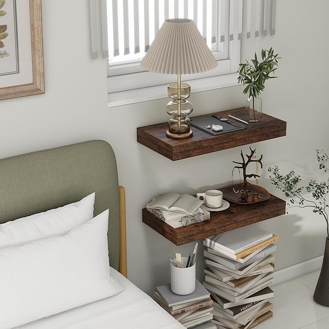 Deep Floating Shelves | 24 Inch Brown Floating Shelves Set of 2 | 12 Inch Deep Rustic Wood Shelves for Wall | 24" W x 12" D Brown Shelves for Living Room Bathroom Laundry Room Kitchen