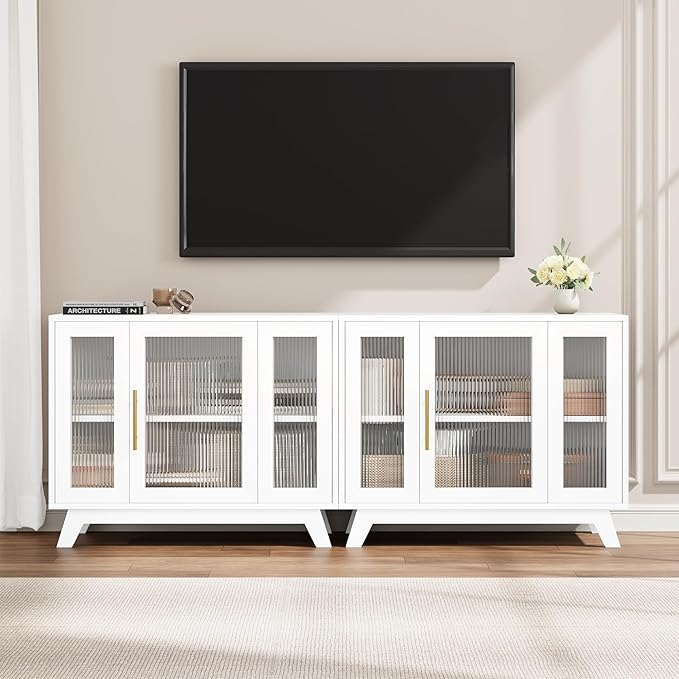 GarveeHome 36 Inch Coffee Bar Buffet Cabinet with Fluted Glass Doors and Gold Handles, Modern Sideboard Storage with Adjustable Shelves, for Kitchen Dining Room Living Room Entryway, White