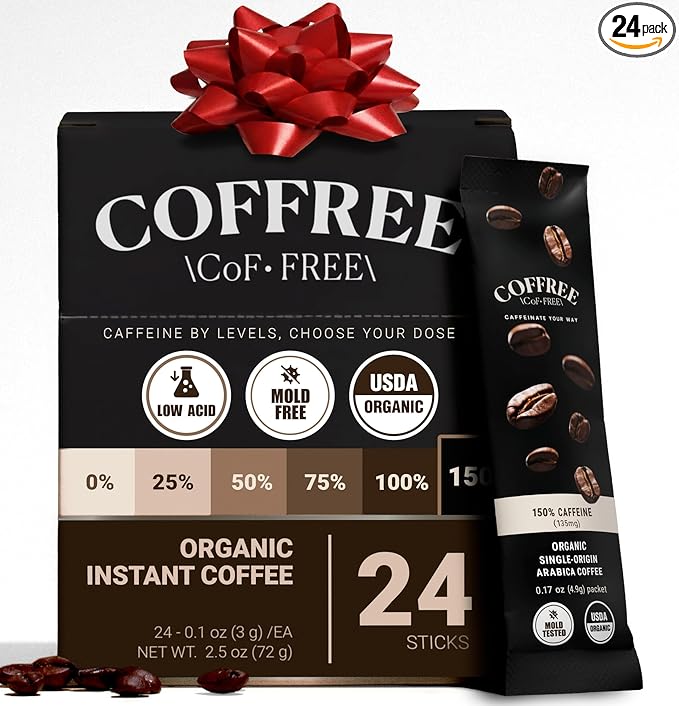 COFFREE Organic Instant Coffee Packets - 150% Extra Strong Dark Roast with Bold, Full-Bodied Taste - Low Acid, Mold Free Coffee Made with Arabica Coffee Beans - Hot or Cold Travel Packets 24 Pack Box
