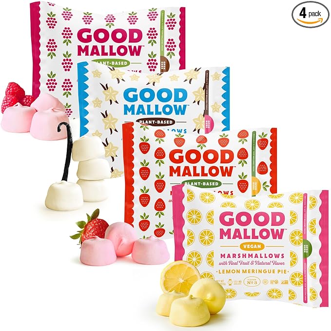 GoodMallow Vegan Marshmallows - Large Kosher Gluten Free Dairy Free Healthy Marshmallows - Natural Gelatin Free for Hot Chocolate, Smores, Baking - Nothing Artificial - Combo Pack of all Flavors