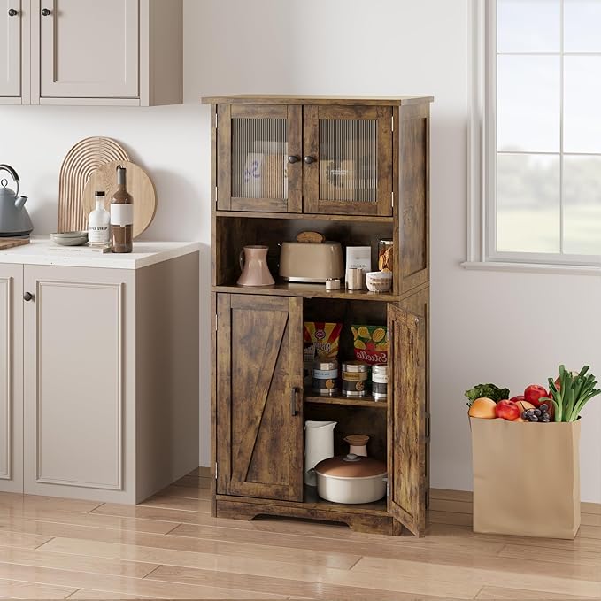 Storage Cabinets, 54 Inch Tall Hutch Bar Cabinet with Glass Doors and Adjustable Shelves, Wooden Kitchen Pantry Storage Cabinet, for Living Room,Rustic Brown