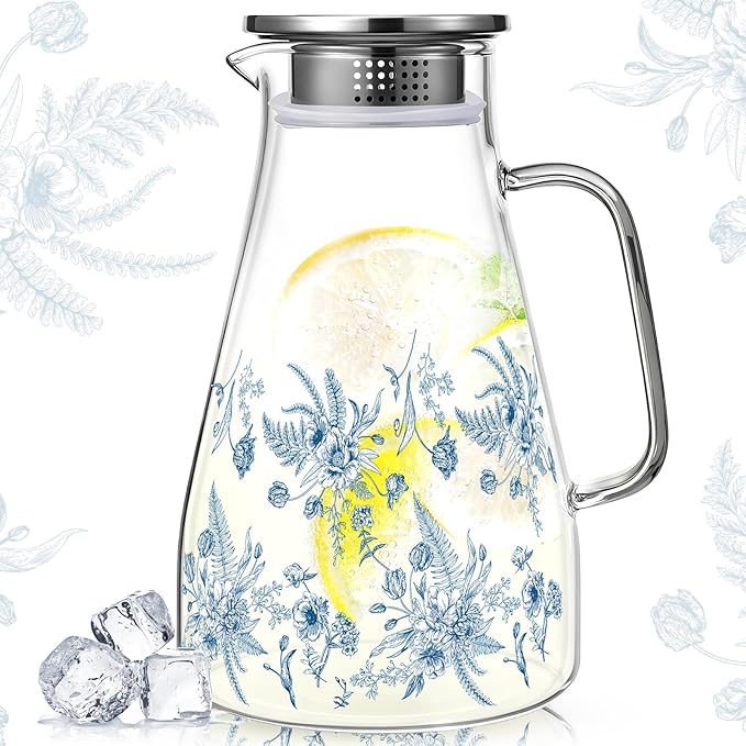 Domensi 74 oz / 2200 ml Glass Pitcher with Lid Water Pitcher with Handles Beverage Water Jar Glass Jug Hot and Cold Resistant Carafe for Tea Juice Milk Coffee Iced Beverage(Retro Flowers)