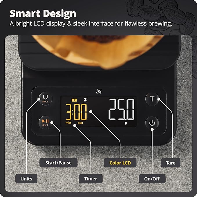 Greater Goods Digital Coffee Scale with Timer – Accurate 0.1g Precision, Multi-Color Display, Waterproof & Heat-Resistant Cover, for Pour-Over, Espresso, French Press, and Kitchen Use (Onyx Black)