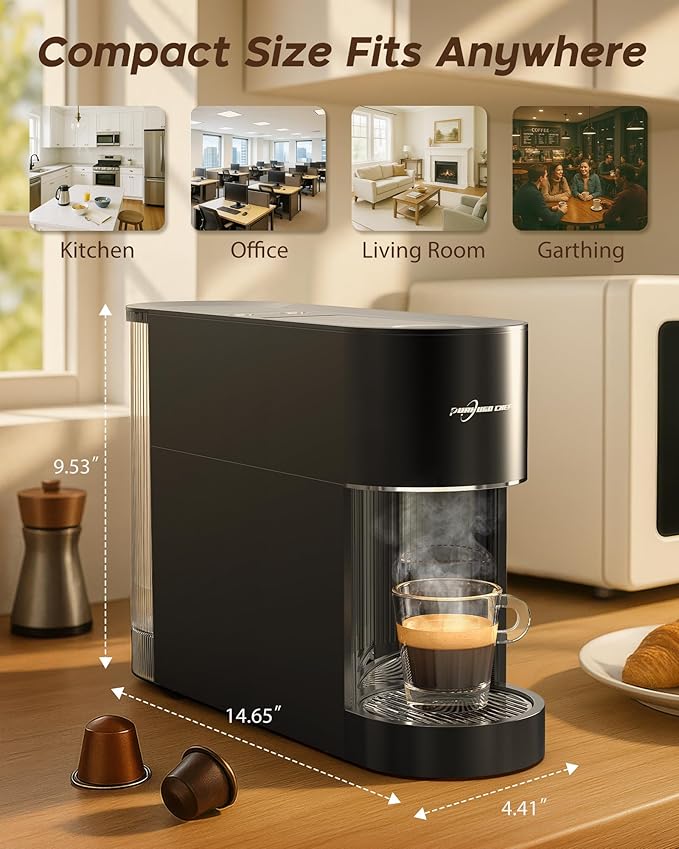 Espresso Coffee Machine, Compatible with Nespresso Original Pods, One-Touch with Illuminated Brew Zone, 20 Bar Pump, 33.8oz Removable Tank, Compact Design, CM-C07-A