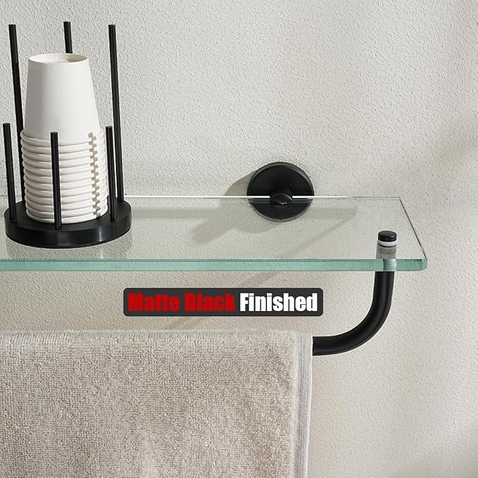 JQK Bathroom Glass Shelf, Shelf with 29 Inch Towel Bar Tempered Glass Shower Storage 30 by 5 inches, 304 Stainless Steel Matte Black Wall Mount, TGS100L30-PB