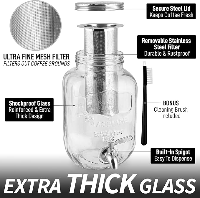 Zulay Kitchen 1 Gallon Cold Brew Coffee Maker – Thick Glass Pitcher with Stainless Steel Filter, Lid & Spout – Large Mason Jar Container Dispenser - Iced Coffee & Sun Tea Brewer for Fridge – Silver