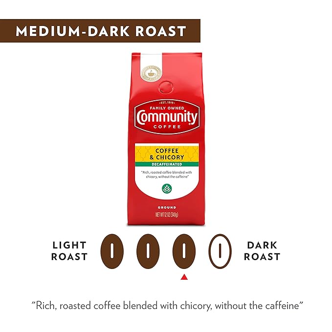 Community Coffee Coffee and Chicory Decaf Coffee, Medium Dark Roast Ground Coffee, 12 Ounce Bag (Pack of 6)