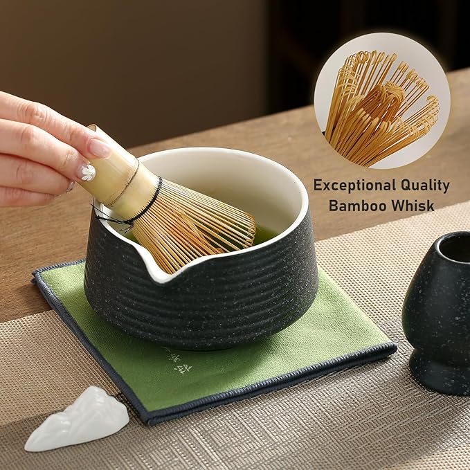 Matcha Whisk Set, Ceramic Matcha Bowl with Spout, Bamboo Whisk, Scoop, Holder, Sifter, Tea Towel, 7-Piece Matcha Kit for Making Breakfast/Latte