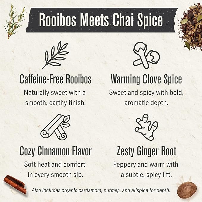 Numi Organic Rooibos Chai Tea Bags, 18 Tea Bags (Pack of 3), Red Tea with Cinnamon, Allspice & Ginger, Caffeine Free