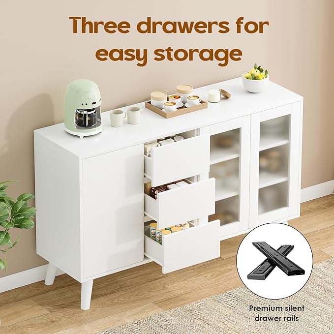 Soohow Farmhouse Buffet Cabinet, 55.5" Coffee Bar with 3 Drawers and Pop-Up Doors, Large Rustic Sideboard for Dining Room, Kitchen, Hallway, and Living Room