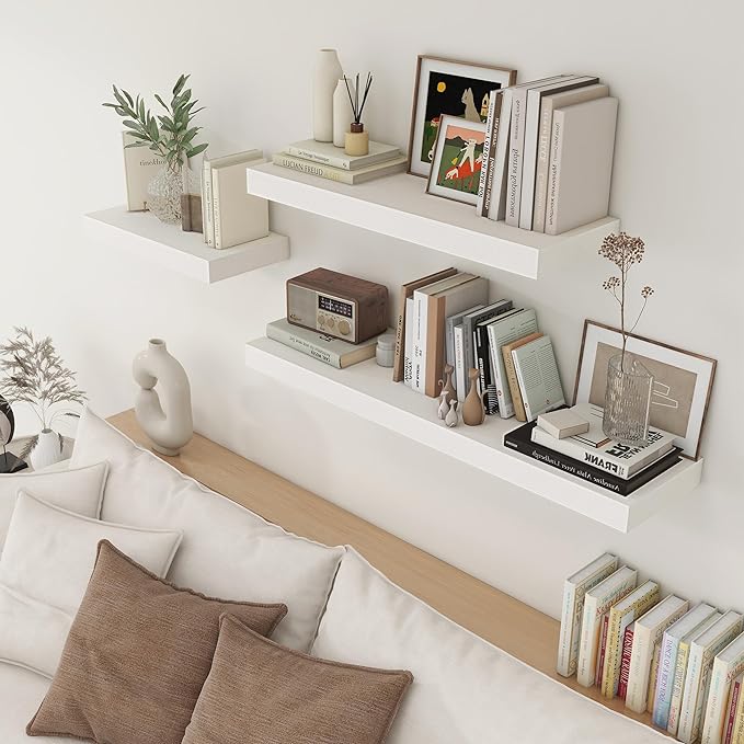 Deep Floating Shelves | 36 Inch White Floating Shelves Set of 2 | 12 Inch Deep Rustic Wood Shelves for Wall | 36" W x 12" D White Shelves for Living Room Bathroom Laundry Room Kitchen