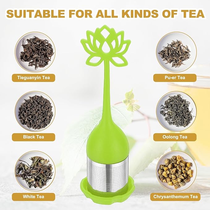 uxcell 2 Pcs Lotus Tea Infuser, Stainless Steel Loose Leaf Tea Steeper Filter with Silicone Handle Reusable Thin Pores Mesh Strainer Diffuser for Teacups Teapots Mugs, Green
