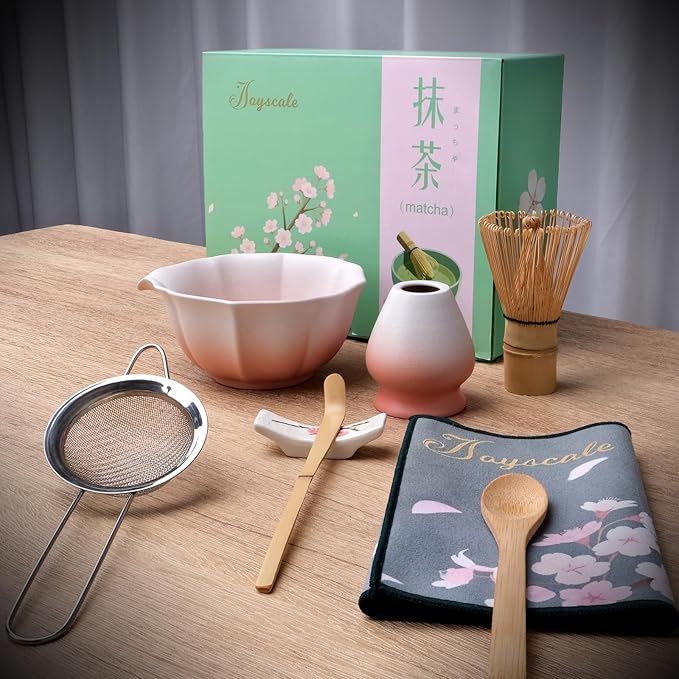 Joyscale Matcha Whisk Set Pink, Matcha Set Whisk And Bowl, 8 Pcs Matcha Kit Set(Lotus Design), 11 OZ, Japanese Matcha Tea Set, Matcha Making Kit Gifts for Tea Lovers(Gradient Pink)