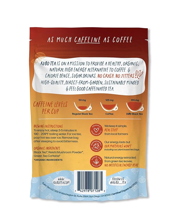 High Caffeine Mushroom Tea (155 mg) – Kubo Tea: Organic Reishi Breakfast Black Tea Bags for Clean Energy & Focus | Healthy Coffee Substitute | Mushroom-Infused Blend | 20 Ct | Compostable Packaging