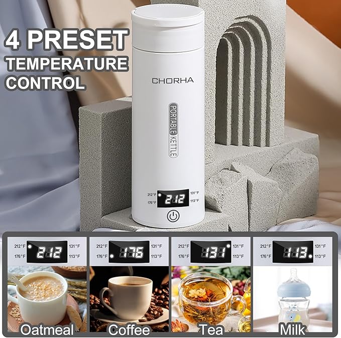 Electric Kettle Small Travel Kettle Tea Coffee Portable Kettle, 400ML with 4 Variable Presets, Electric Kettle Small 304 Stainless Steel with Auto Shut-Off & Boil Dry Protection (White)