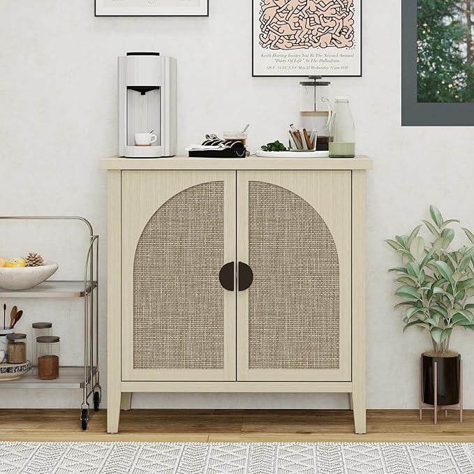 Rattan Door Sideboard Buffet Cabinet, Modern 2-Door Coffee Bar with Adjustable Shelf, Small Wood Credenza Cabinet with Storage for Living Room, Dining Room, Entryway, Natural