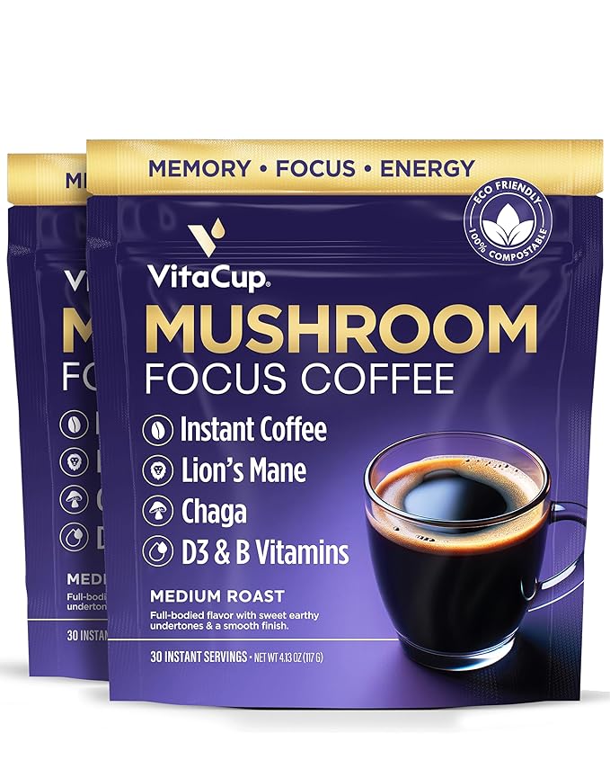 VitaCup Focus Mushroom Instant Coffee | For Memory & Clarity Support | with Fiber, Chaga, Lion’s Mane | D3 & B Vitamins | Medium Roast 100% Arabica & Robusta Instant Coffee | 2 Bags, 60 Servings