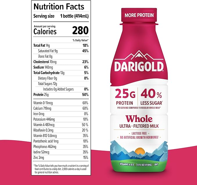 Darigold FIT High Protein Whole Ultra-Filtered Milk - Lactose Free, 25g Protein, 40% Less Sugar - 14oz Bottles, 12 Pack (Whole Milk)