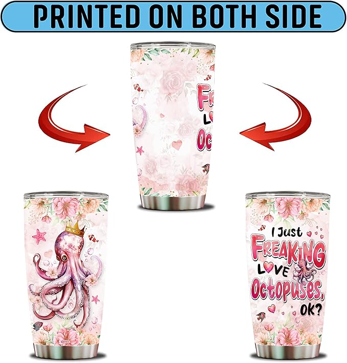 Octopus Tumbler 20oz Cute Animal Gift for Women, Girls Who Freaking Love Octopuses Lovers Flower Perfect Birthday Christmas Valentine Wife Daughter Insulated Stainless Steel Coffee Cup with Lid