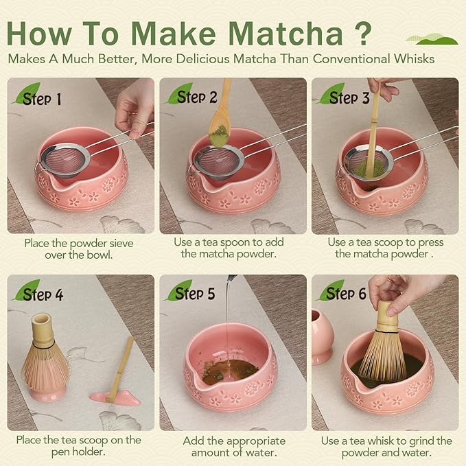 Matcha Whisk Set, Ceramic Bowl with Spout, Bamboo Matcha Whisk & Spoon, Chasen Holder, Scoop Rest, Sifter, 8-Pcs Japanese Ceremony Matcha Powder Kit–Christmas Gift for Women-Pink