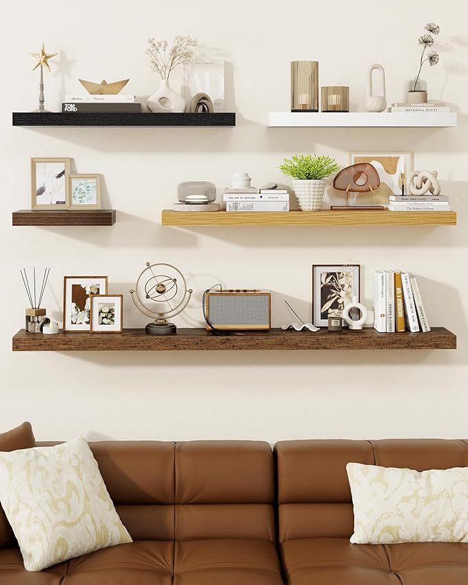 Marsmiles 32" Floating Shelves for Wall, Wooden Shelves with Invisible Brackets Set of 2, Rustic Farmhouse Wall Mounted Shelf for Kitchen Bathroom Living Room Study, Walnut