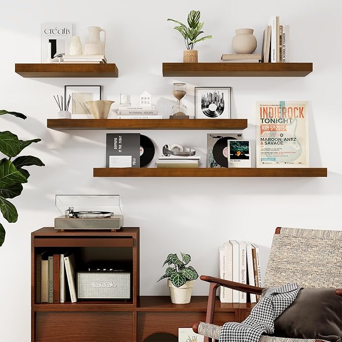 Fun Memories Floating Shelves, 9.3 Inch Deep Solid Pine Wood Wall Shelves for Storage, Rustic Wall Mounted Display Shelf with Invisible Heavy-Duty Metal Bracket, 48 Inch Width, Walnut