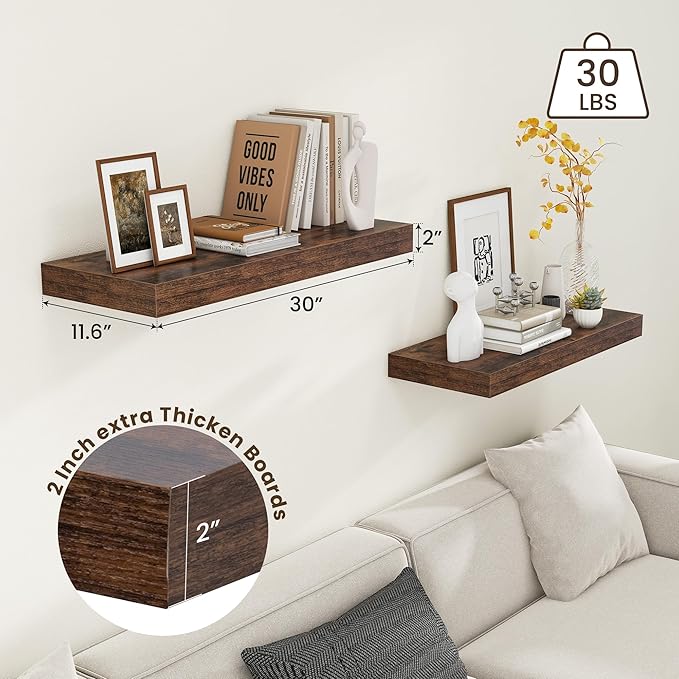 30 Inch Floating Shelves | 12 Inch Deep Brown Floating Shelves Set of 2 | 30" W x 12" D Rustic Wood Shelves for Wall | Deep Brown Shelves for Living Room Bathroom Laundry Room Kitchen