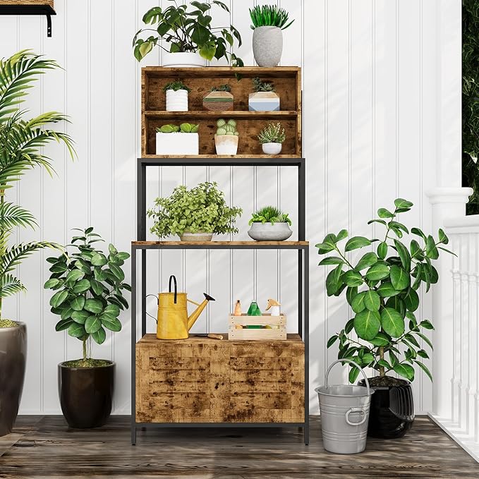 68'' Kitchen Bakers Rack, with Power Outlet, Vintage Wood Media Rack Organizer, Industrial Microwave Stand, with Storage Shelves & Cabinet, Coffee Bar Station for Kitchen Storage