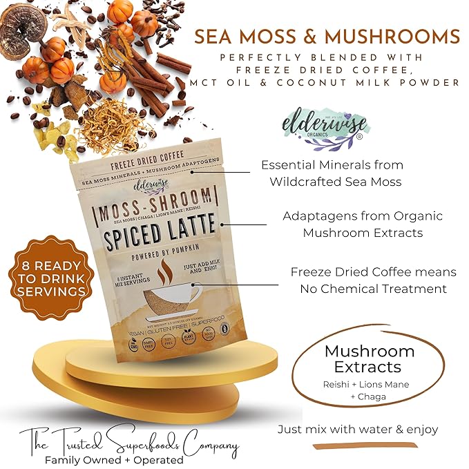 Elderwise Coffee Spiced Latte | Powered by Pumpkin & Mushrooms | Sea Moss, Chaga, Lion's Mane, Reishi | 8 Servings - Freeze Dried Instant - Chemical free - Fair Trade
