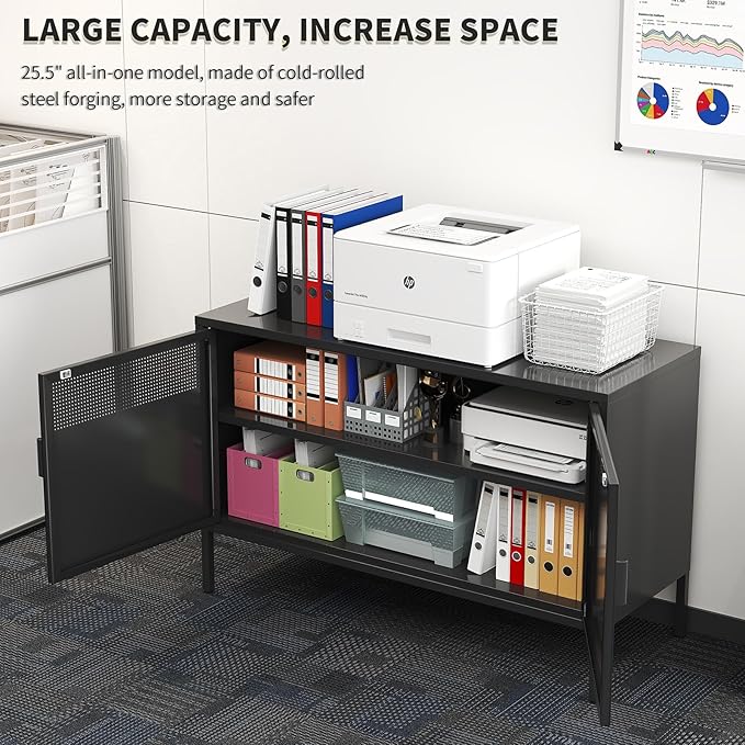 Black Metal Storage Cabinet with 2 Doors - 25''H TV Stand, 2 Tier Locker with Adjustable Shelves, Multipurpose TV Cabinet for Office, Home, Living Room, Kitchen