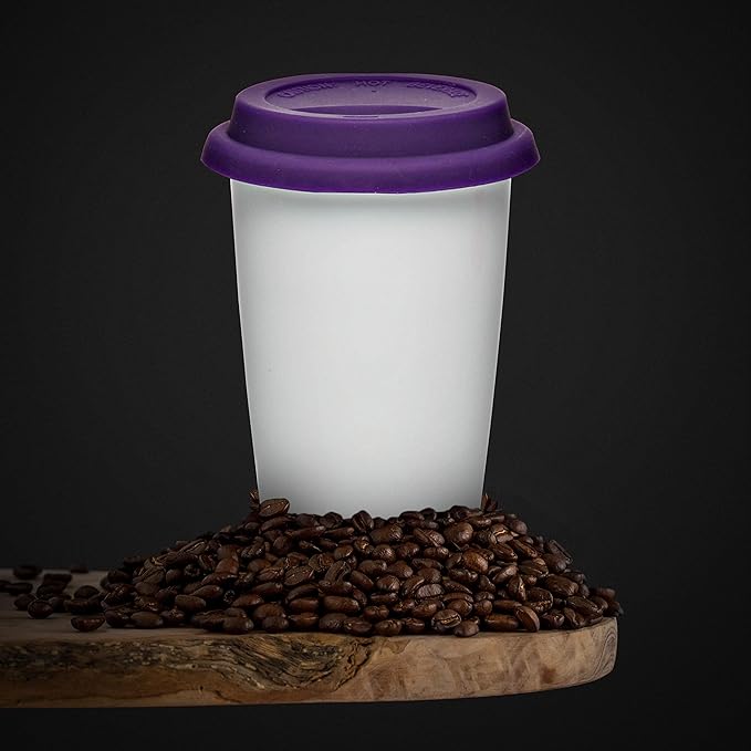 DISCOUNT PROMOS 11 oz. Double Wall Ceramic Tumblers with Lid - 6 Pack - Purple