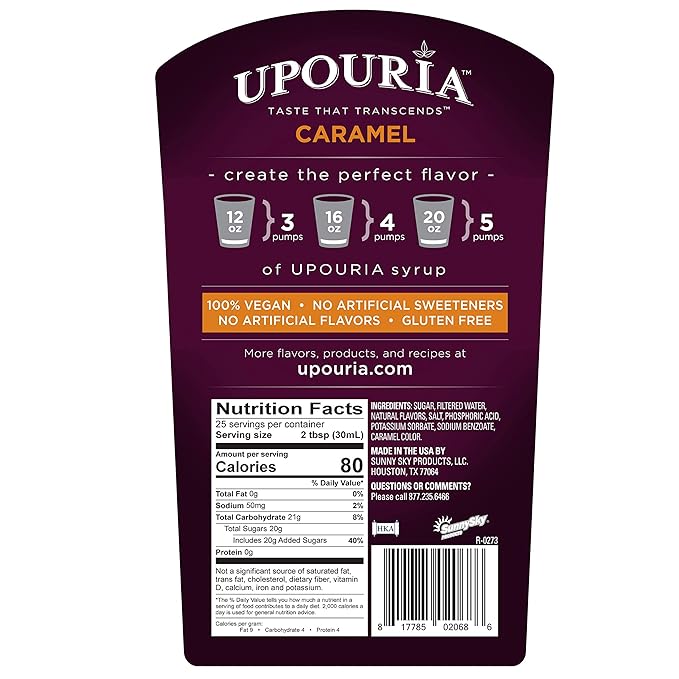 Upouria Caramel & Mocha Coffee Syrup Flavoring, 2 of each Flavor, 100% Vegan, Gluten-Free, Kosher, 750 mL Bottles (Pack of 4) with 2 Coffee Syrup Pumps
