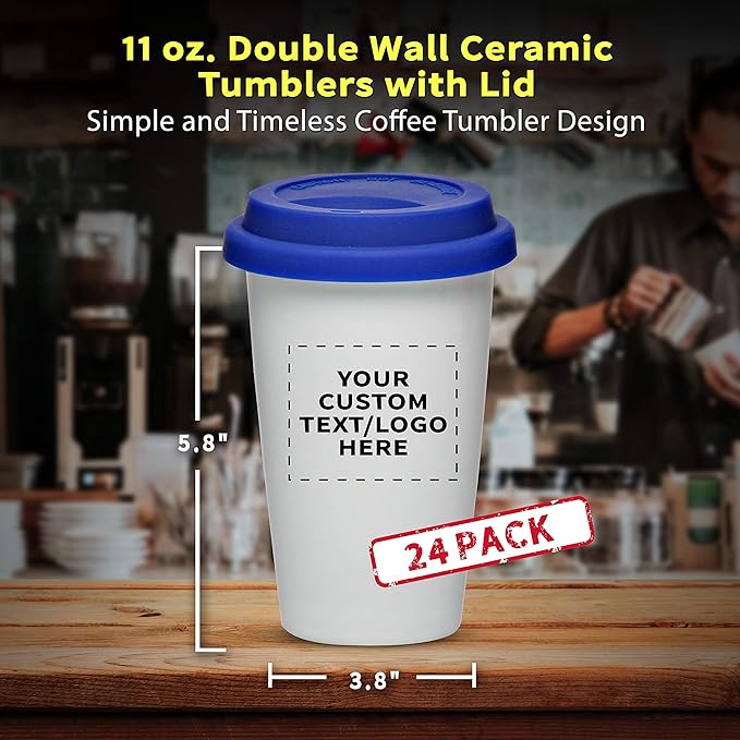 Personalized 11 oz. Double Wall Ceramic Tumblers with Lid - 24 Pack - Custom Text, Logo - Blue