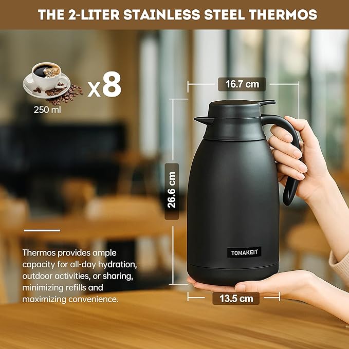 Thermal Coffee Carafe 2L/68 Oz Double-Wall Vacuum 304 Stainless Steel Insulated Thermoses Flask, 24-Hour Keeps Hot/Cold, Leak-Proof, for Travel, Work, Outdoor, BPA-Free, Easy to Clean