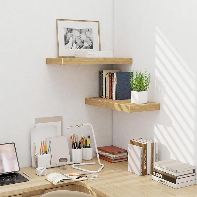 Fun Memories 24 x 10 Floating Shelves Wall-Mounted - Rustic Wood Shelf - 10 Inch Deep Floating Shelves for Wall - Large Storage Shelf for Bathroom - Kitchen & Bedroom - Oak - Set of 2