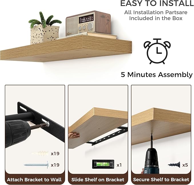 Floating Shelves for Wall, Engineered Wood Wall Shelves with Invisible Brackets for Living Room Bedroom Bathroom Office Kitchen Decor and Storage (Oak, 36" W x 9" D x 1.5" H) Set of 2