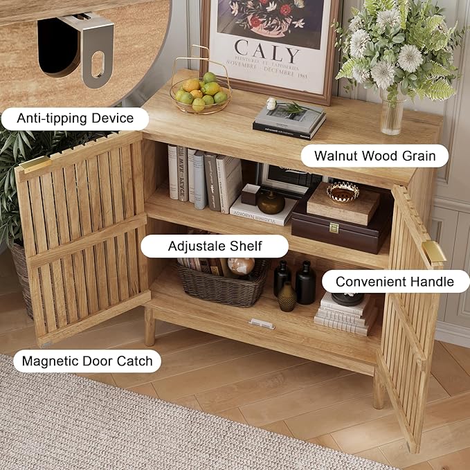 Sideboard Buffet Cabinet with Storage, Freestanding Kitchen Storage Cabinet with 2 Slatted Doors and Adjustable Shelves, Wooden Cupboard for Kitchen, Entryway (Slatted Door Natural)