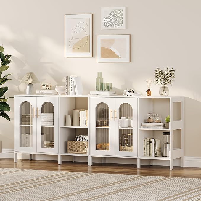 GarveeHome Glass Door Sideboard Cabinet, Modern Storage Buffet with Metal Handles & Adjustable Shelves, Solid Wood Frame Display Cabinet for Living Room, Dining Room, Kitchen, Entryway, White