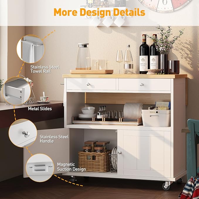 Rolling Kitchen Island with Folding Drop Leaf Breakfast Bar, 35.4'' W Kitchen Cart with Storage Cabinet and 2 Drawers, Portable Mobile Kitchen Island Table with Towel Rack, Lockable Wheels, White