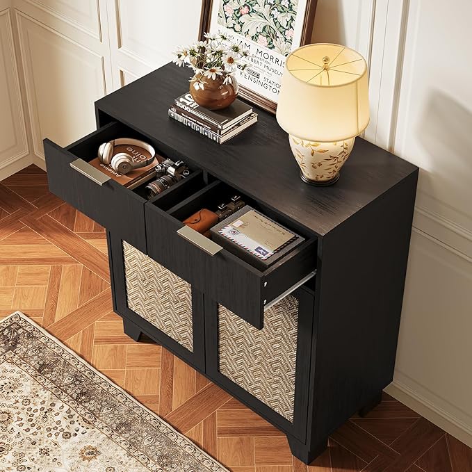 ONBRILL Sideboard Buffet Cabinet with 2 Drawers, Coffee Bar Cabinets with 2 Doors, Boho Farmhouse Accent Credenza Buffet Table Console Cabinet with Adjustable Shelves for Living Room, Entryway, Black