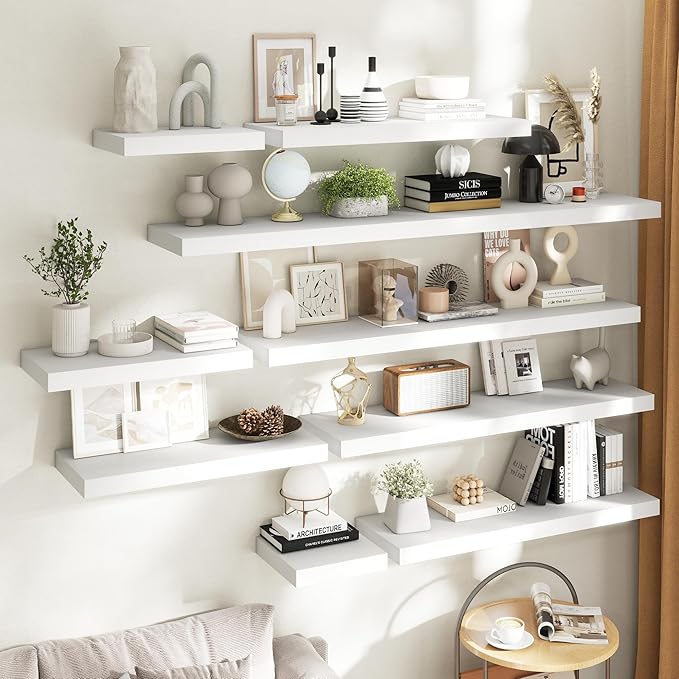 55 Inch Long Floating Shelves for Wall Set of 2, 12"D Wood Grain Bathroom Shelves with Invisible Brackets, Easy Install Engineered Wood Storage Shelves for Kitchen, Living Room, Bedroom, White Finish