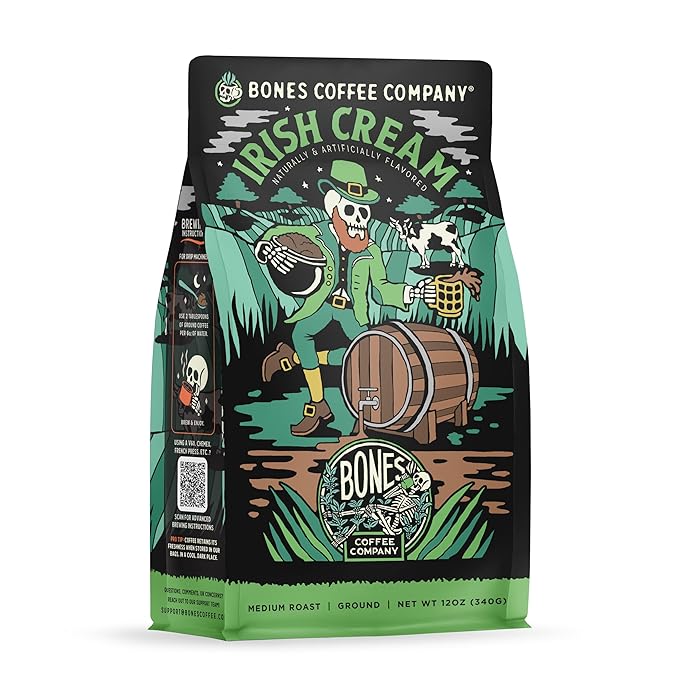 Bones Coffee Company Irish Cream, Creamy Liqueur Flavored Coffee, Medium Roast Low Acid Arabica Beans Compatible with Auto drip and French Press Coffee Maker, 12 Oz Ground