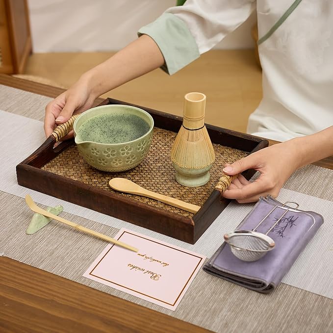 Matcha Whisk Set - Traditional Bamboo Chasen with Bowl, Complete Matcha Tea Making Kit & Starter Tools for Authentic Japanese Ceremony (Mottled Green01, 8pcs/set,Bowl entry-level Set)