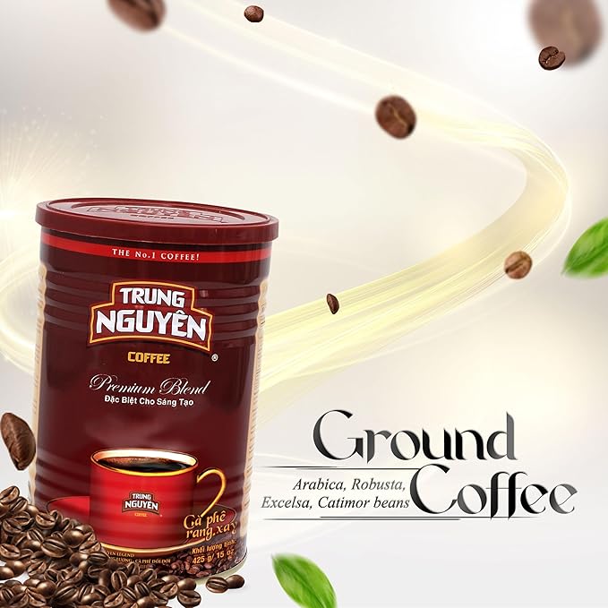 TRUNG NGUYEN LEGEND PREMIUM BLEND Premium Roasted Ground Coffee - Intense Flavor and Chocolate Fragrant by Robusta & Arabica Coffee Beans Blend - Full City Roast with Low Acidity (425g/Can)