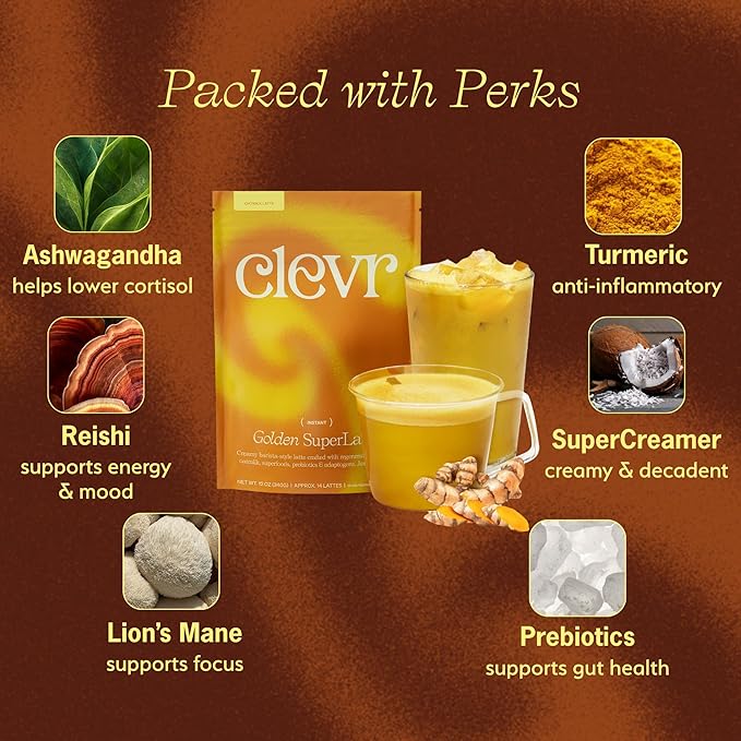 Clevr Turmeric Powder, Golden Milk Instant Latte Mix, Superfood Powder with Oat Milk, Lions Mane, Reishi Mushroom, Organic Spices, Coconut Cream, Ashwagandha, Serve Hot or Iced, (14 Lattes)