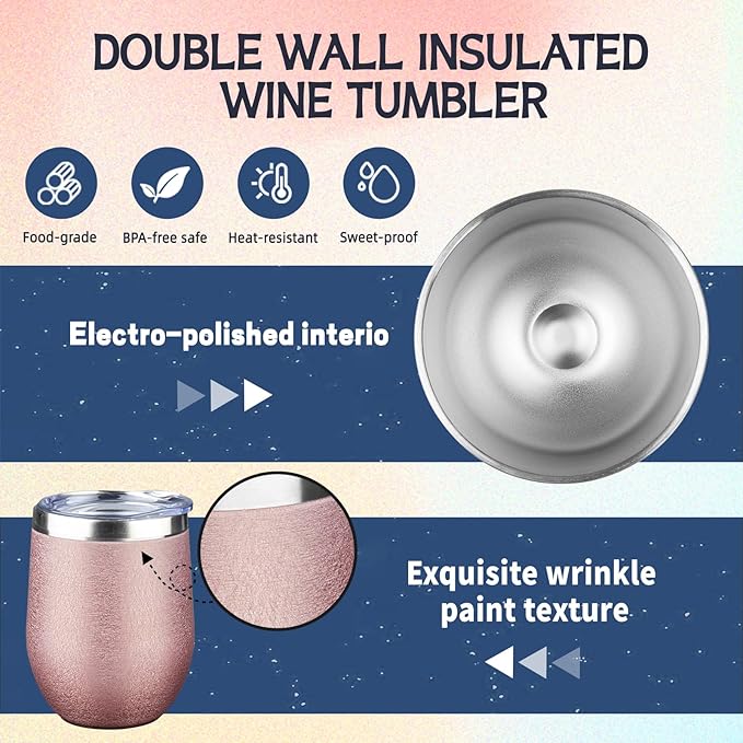 12 oz Insulated Wine Tumbler with Lid and Straw Double Wall Vacuum Insulated Wine Cup Stainless Steel Wine Tumbler Glasses for Coffee,Champaign,Office (Wrinkle Paint Rose Gold,1)