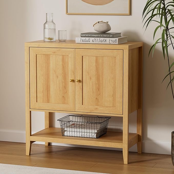 Farmhouse Buffet Cabinet with Open Shelf, Accent Storage Cabinets with Adjustable Shelves Credenza Coffee Bar Cabinet TV Stand for Living Dining Room Kitchen Entryway, Natural Oak