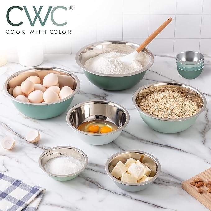 COOK WITH COLOR Stainless Steel Mixing Bowls Set - Nesting Bowls, 14 Pieces, Green
