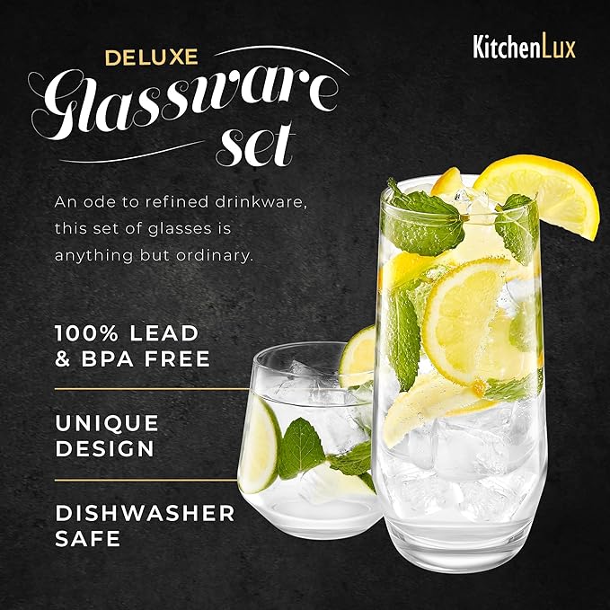 Short & Tall Drinking Glasses Set of 8 - 4 Tall Water Glasses and 4 Short Small Glass Cups Set - Elegant Glass Drinkware - Deluxe Glassware Sets for Highball Sparkling Cocktails, Wine, Beer, Whiskey